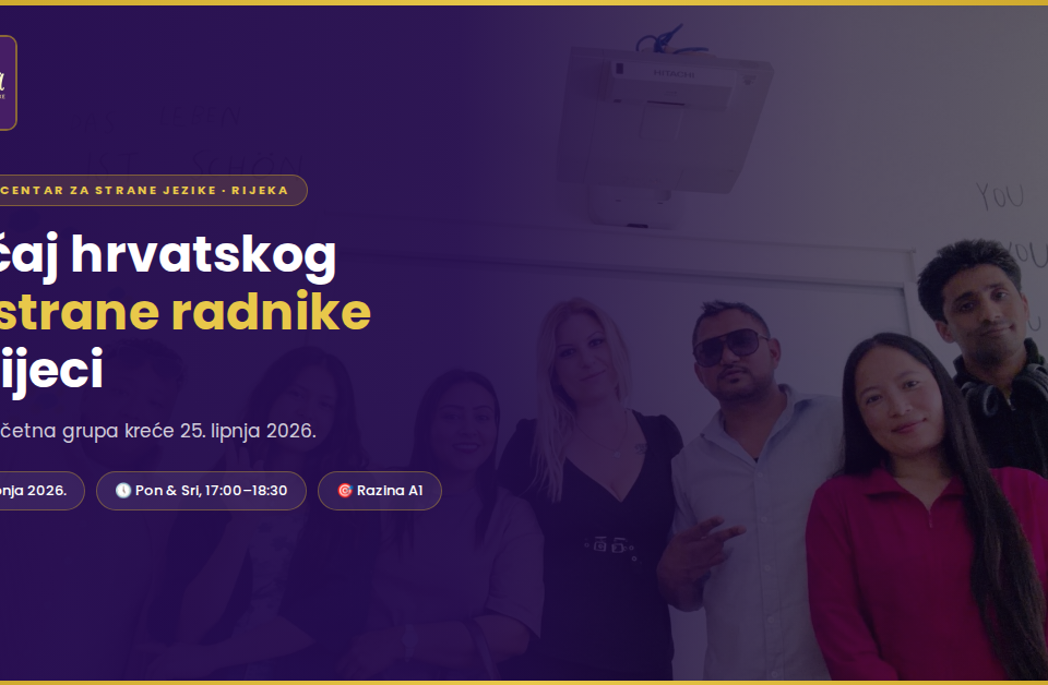 hrvatski za strance rijeka Omnia Centar za strane jezike Group of diverse young adults in a classroom posing for a banner about a Croatian course for foreign workers in Rijeka, Rijeka.